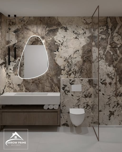 Bathroom design with full stone wall and floating vanity