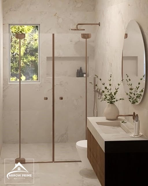 Bathroom design with walk-in shower and walnut vanity