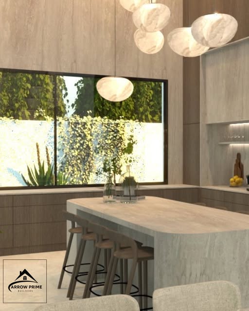 Kitchen design with stone island and picture window