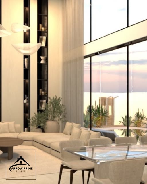 Open living room design with double-height windows
