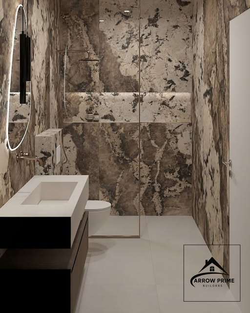 Bathroom design with bold marble walls