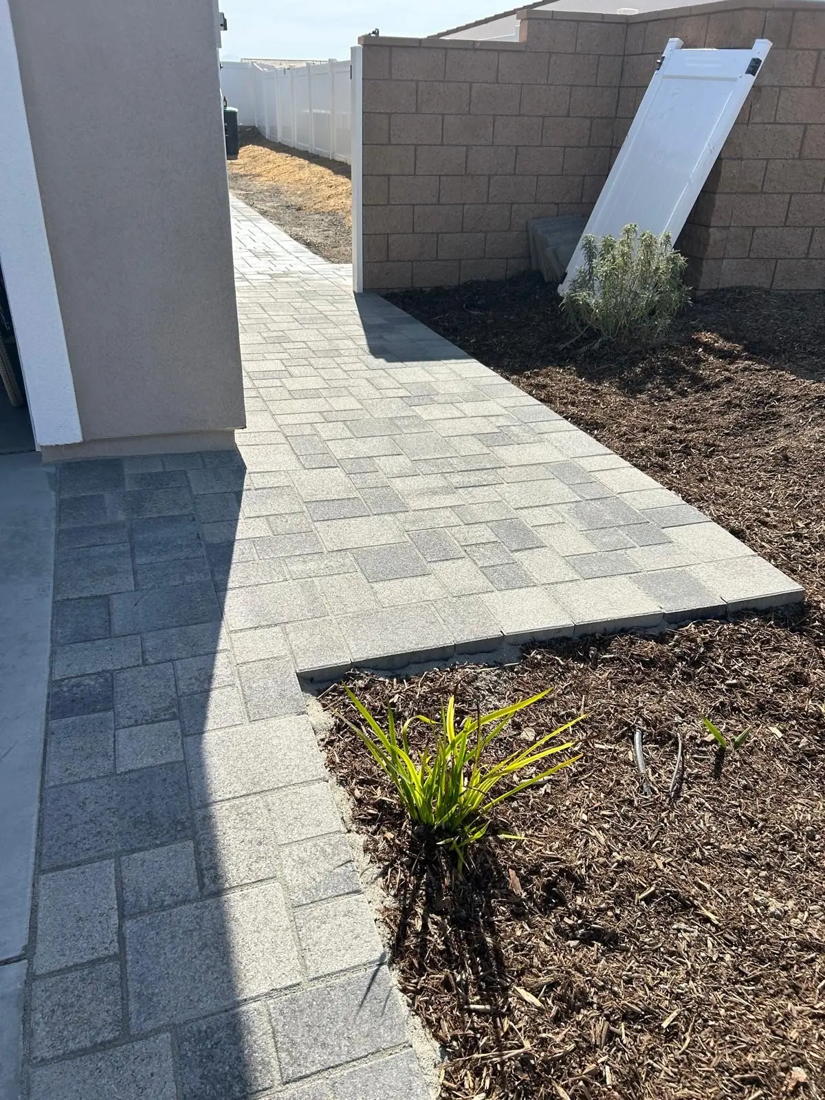 Paver walkway to a side gate with new planting