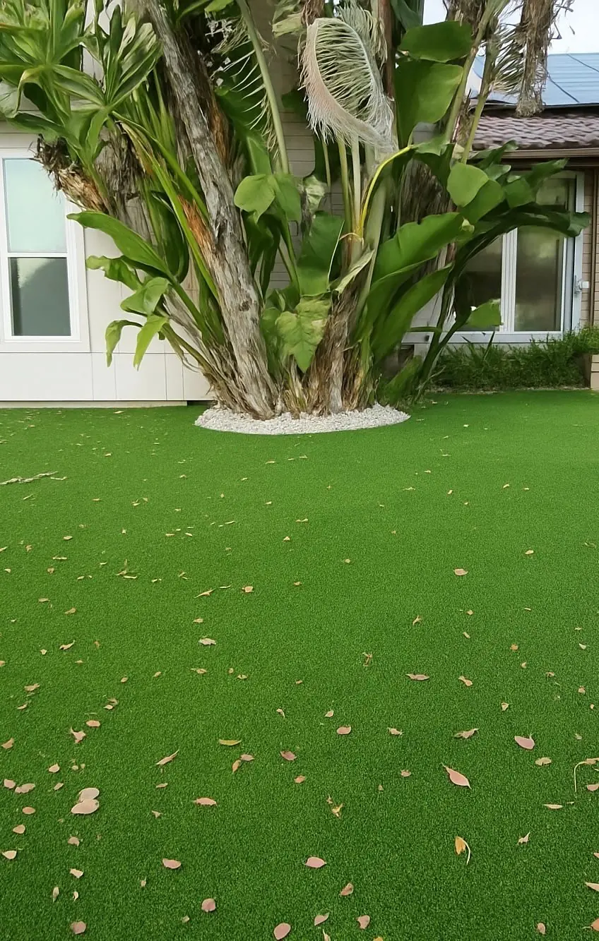 Artificial turf lawn around a large bird of paradise